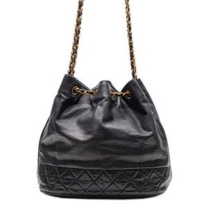 Hardware Matelasse Drawstring Pouch Chain Lambskin Black Gold Shoulder Bag